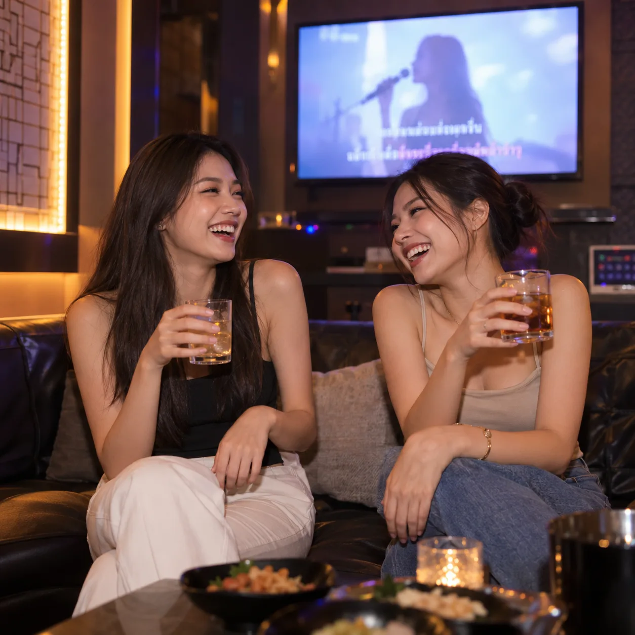 เพื่อนสองคนคุยกันในห้องคาราโอเกะบรรยากาศอบอุ่น