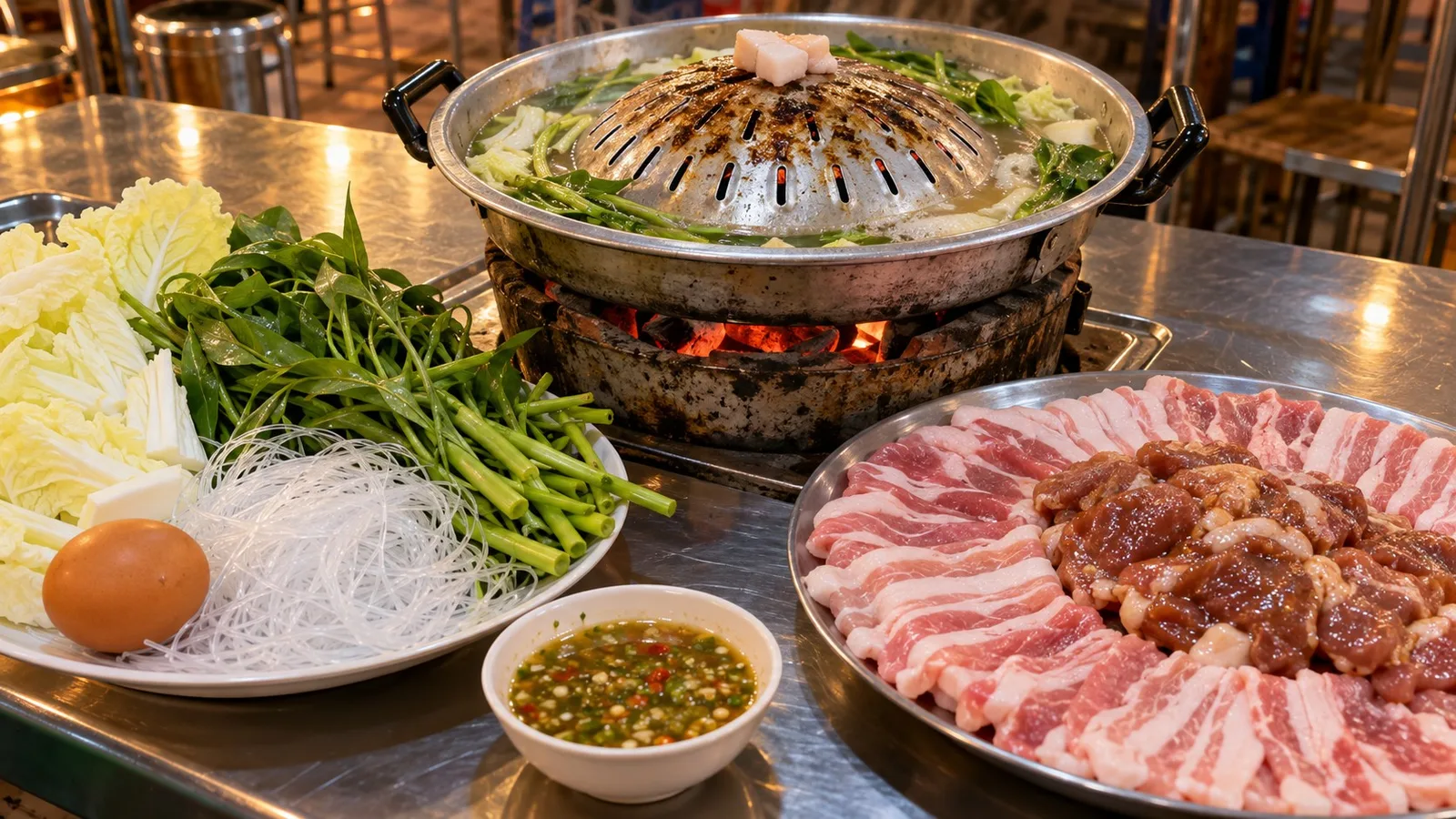 ถาดหมูกระทะที่มีหมูสามชั้น ผักบุ้ง ไข่ วุ้นเส้น และน้ำจิ้มซีฟู้ดวางบนโต๊ะสแตนเลสในร้านไทย