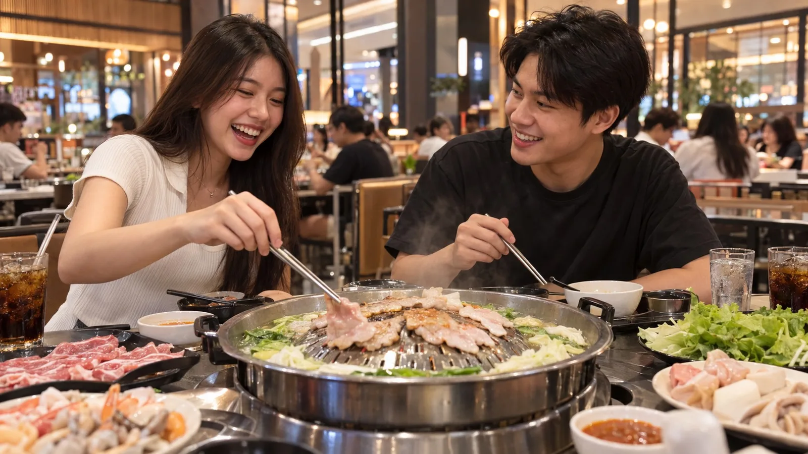 เพื่อนชาวไทยสองคนหัวเราะคุยกันระหว่างย่างหมูกระทะในร้านแอร์ในห้าง มีแก้วน้ำอัดลมและน้ำเปล่าบนโต๊ะ
