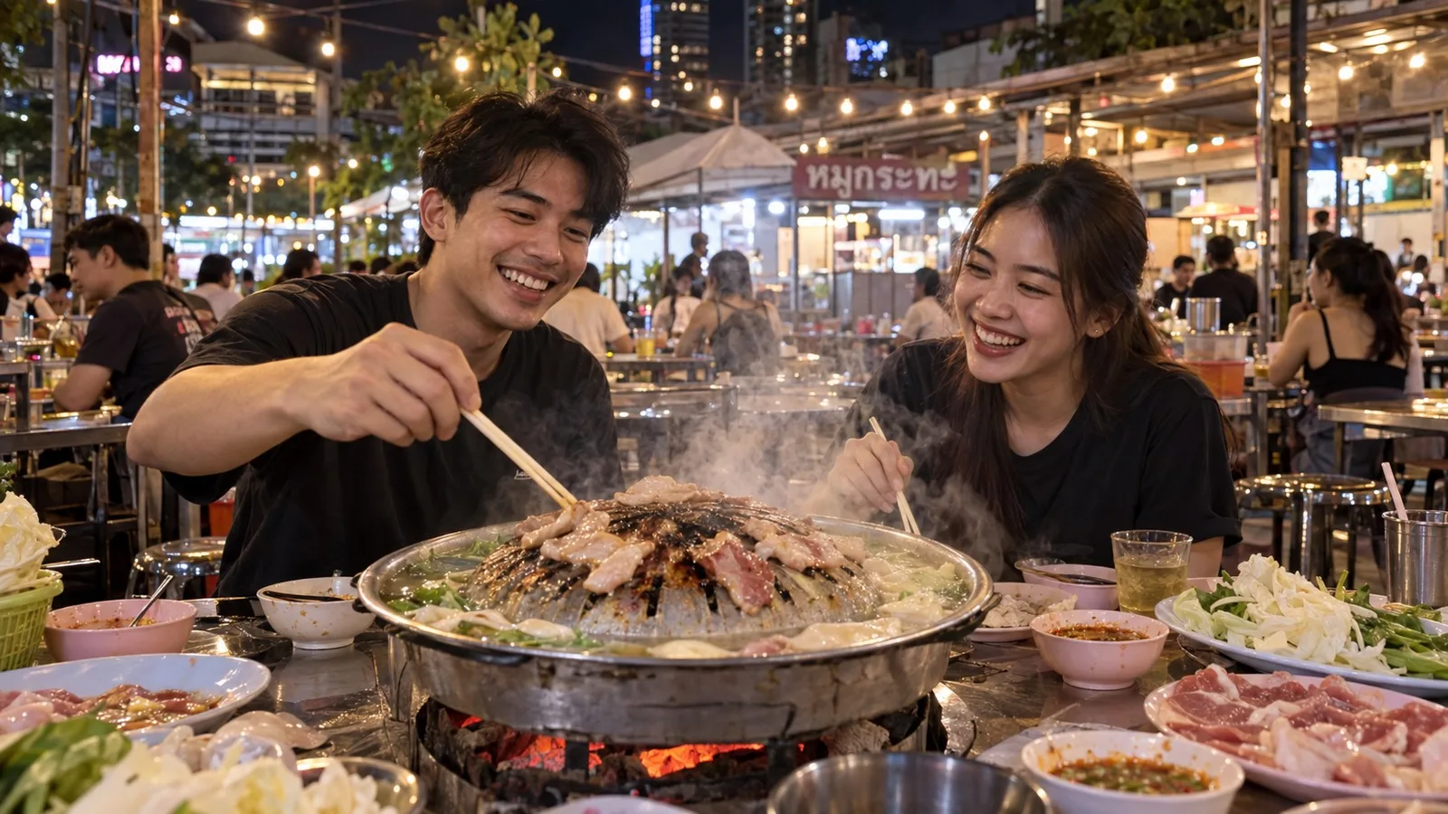 เพื่อนชายหญิงชาวไทยนั่งย่างหมูกระทะบนเตาถ่านในร้านกลางแจ้งยามค่ำ มีไฟประดับหลอดไส้และป้ายร้านภาษาไทย