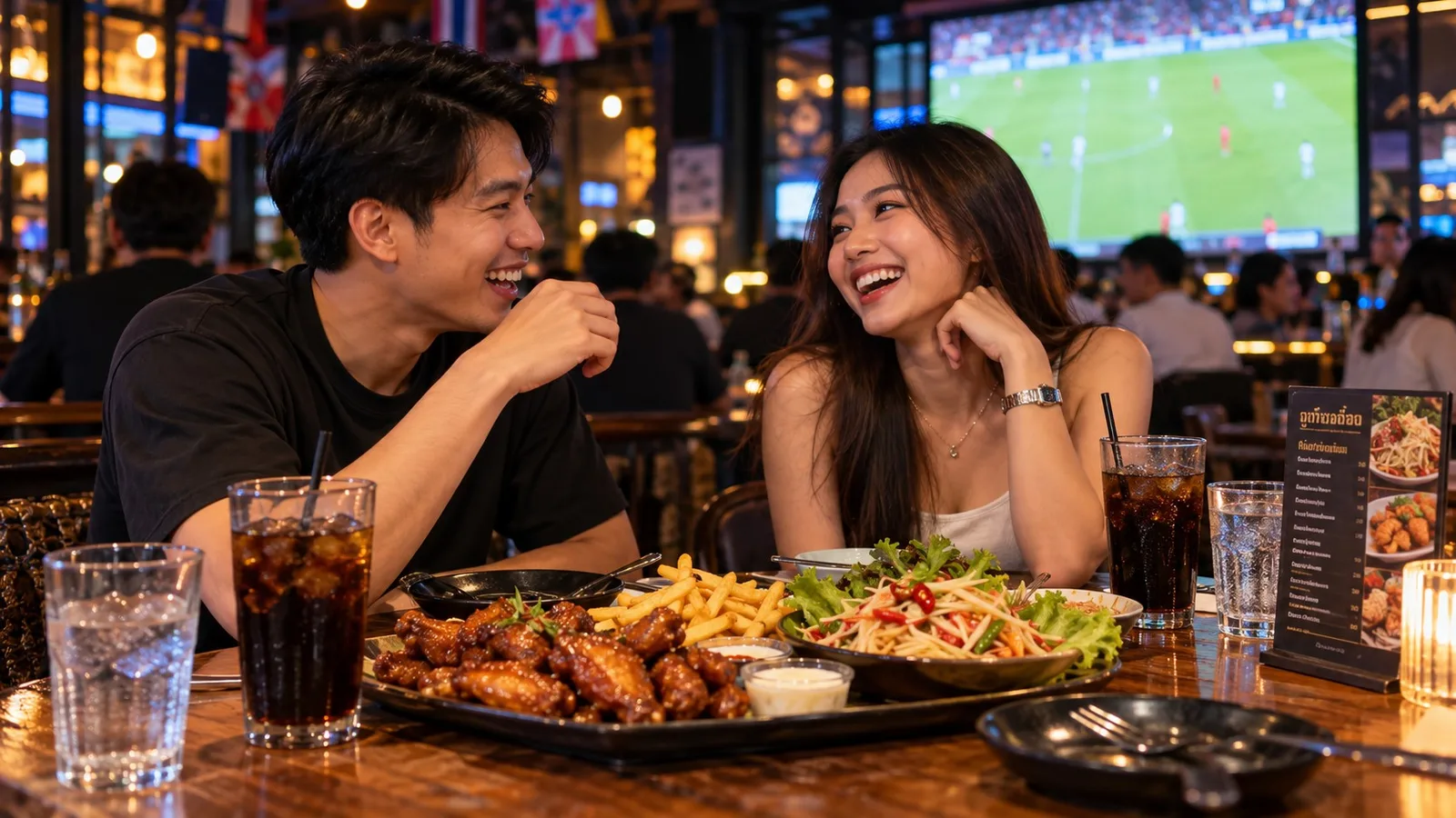 เพื่อนคนไทยสองคนแชร์ปีกไก่ เฟรนช์ฟรายส์ และส้มตำ คุยกันช่วงพักครึ่งในสปอร์ตบาร์