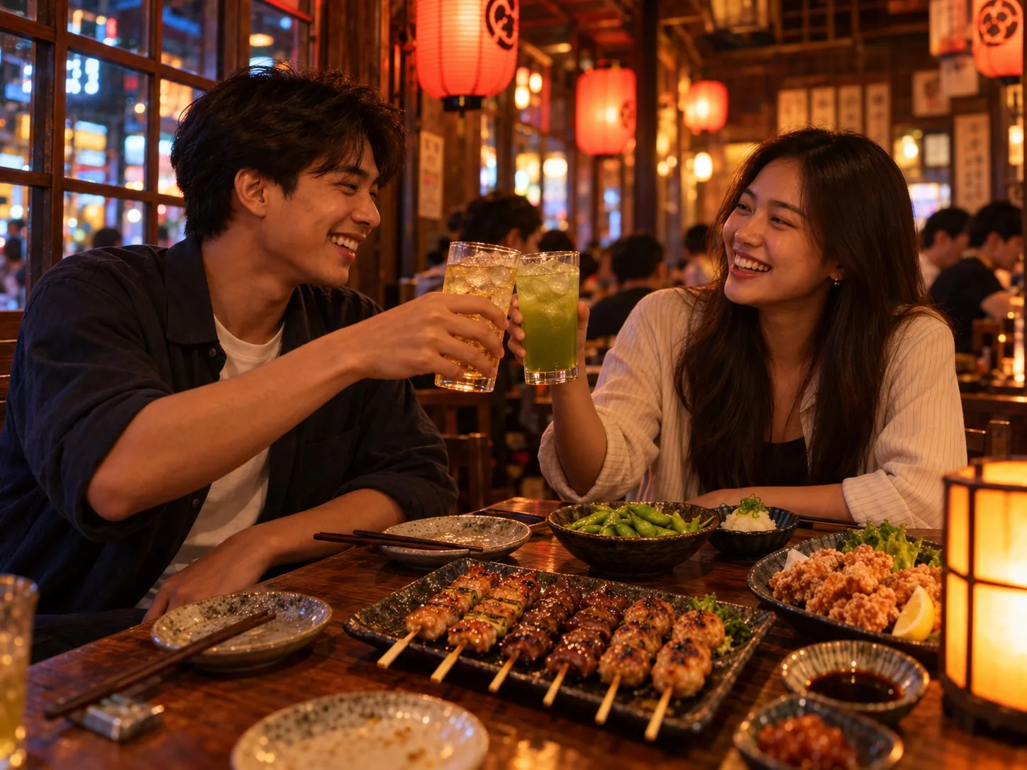 เพื่อนชาวไทยสองคนชนแก้วชาเขียวเย็นและไฮบอลในร้านอิซากายะบรรยากาศอบอุ่น