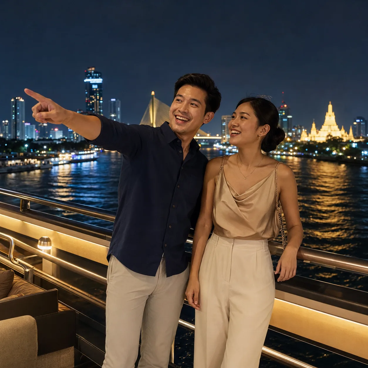 เพื่อนสองคนชมวิวแม่น้ำเจ้าพระยาบนเรือดินเนอร์ยามค่ำคืน