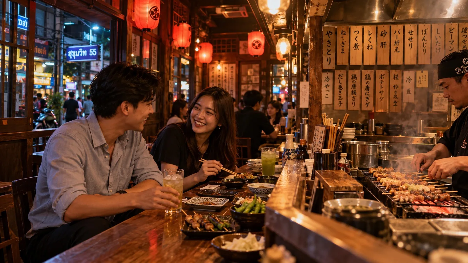 เพื่อนชายหญิงชาวไทยนั่งเคาน์เตอร์ร้านอิซากายะในกรุงเทพยามค่ำ มีโคมแดงและไม้เสียบย่างวางตรงหน้า
