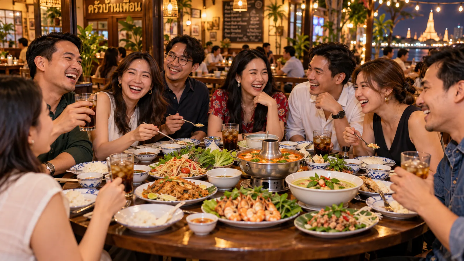 กลุ่มเพื่อนชาวไทยหัวเราะร่วมโต๊ะอาหารในงานเลี้ยงรุ่นที่ร้านอาหารในกรุงเทพฯ