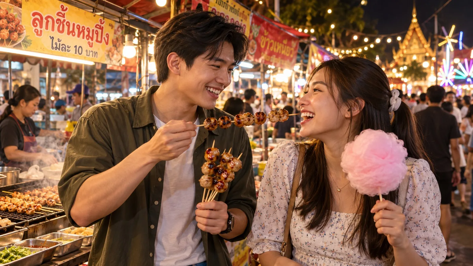 เพื่อนชายหญิงชาวไทยถือขนมสายไหมและลูกชิ้นปิ้งยิ้มให้กันหน้าร้านขายของกินในงานวัดยามค่ำ