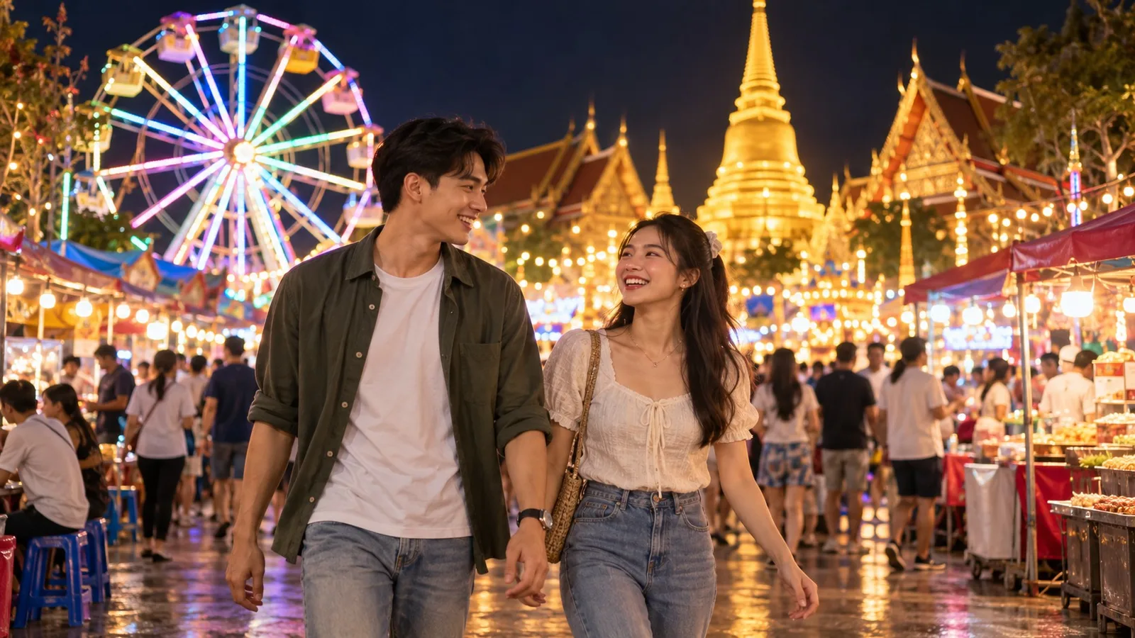 เพื่อนชายหญิงชาวไทยเดินเที่ยวงานวัดยามค่ำคืน มีชิงช้าสวรรค์ ไฟประดับหลากสี และเจดีย์วัดไทยเป็นฉากหลัง