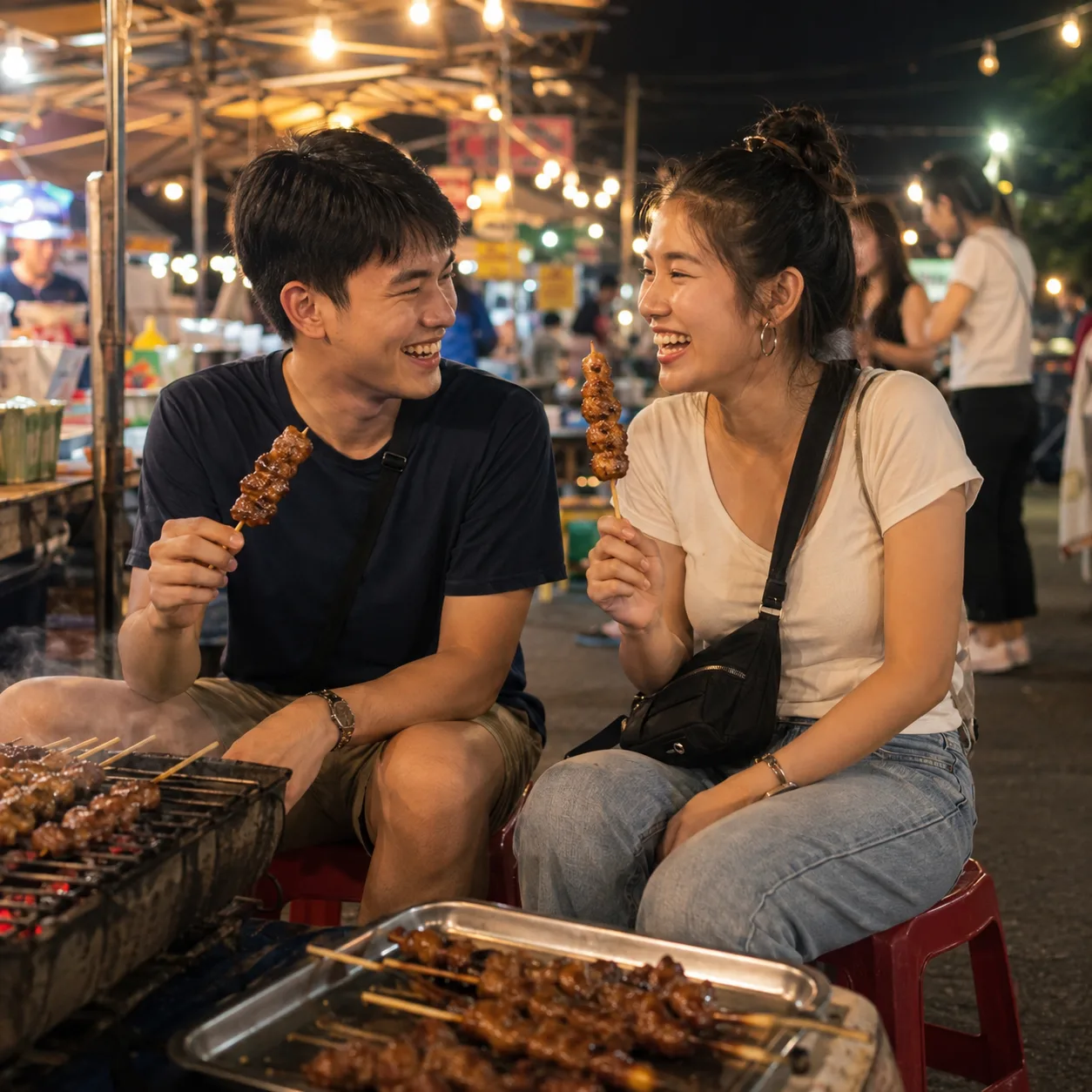 เพื่อนสองคนนั่งกินของกินริมทางที่ตลาดนัดกลางคืน ยิ้มและคุยกันสนุก