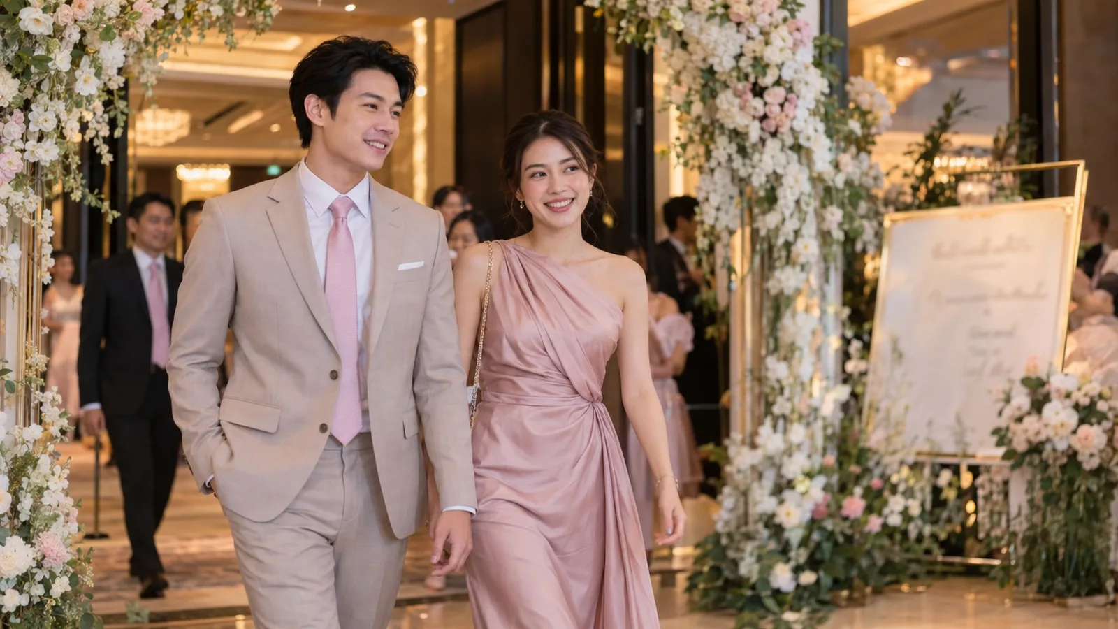 หนุ่มสาวชาวไทยแต่งชุดออกงานเดินเข้างานเลี้ยงฉลองมงคลสมรสในโรงแรมกรุงเทพ มีซุ้มดอกไม้และแขกในงาน