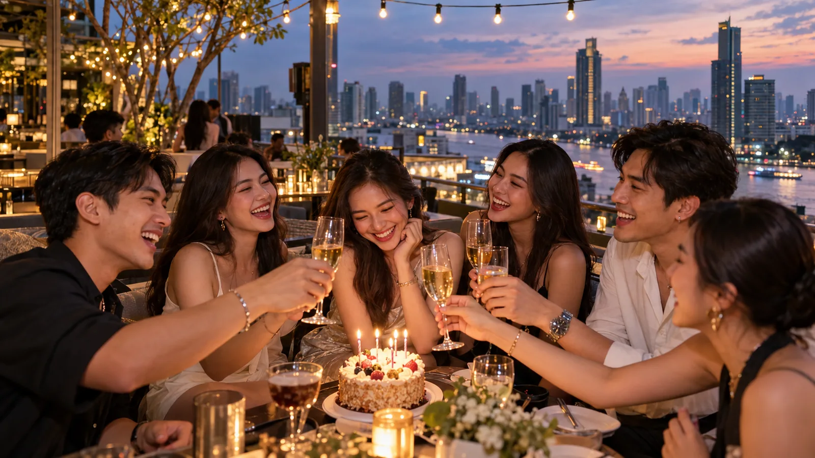 เพื่อนชาวไทยกลุ่มหนึ่งชนแก้วฉลองวันเกิดบนรูฟท็อปบาร์ในกรุงเทพ