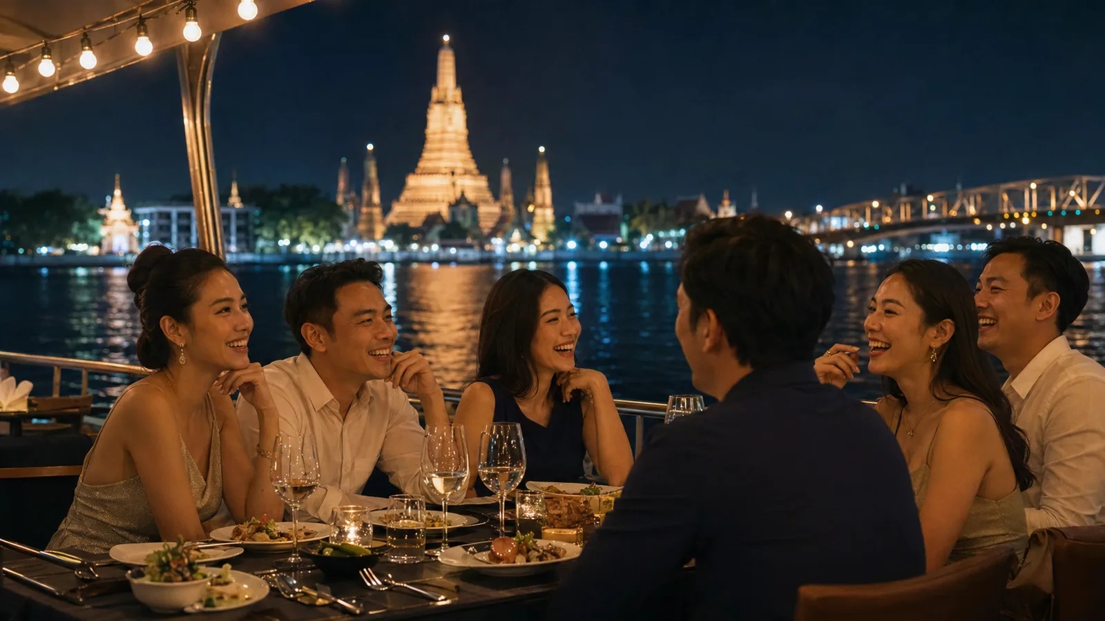 กลุ่มเพื่อนคนไทยกินดินเนอร์บนเรือล่องแม่น้ำเจ้าพระยายามค่ำคืน