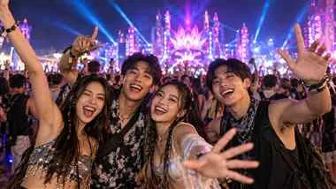 กลุ่มเพื่อนคนไทยสนุกสนานในเทศกาลดนตรีกลางคืน หาเพื่อนไปเทศกาลดนตรี
