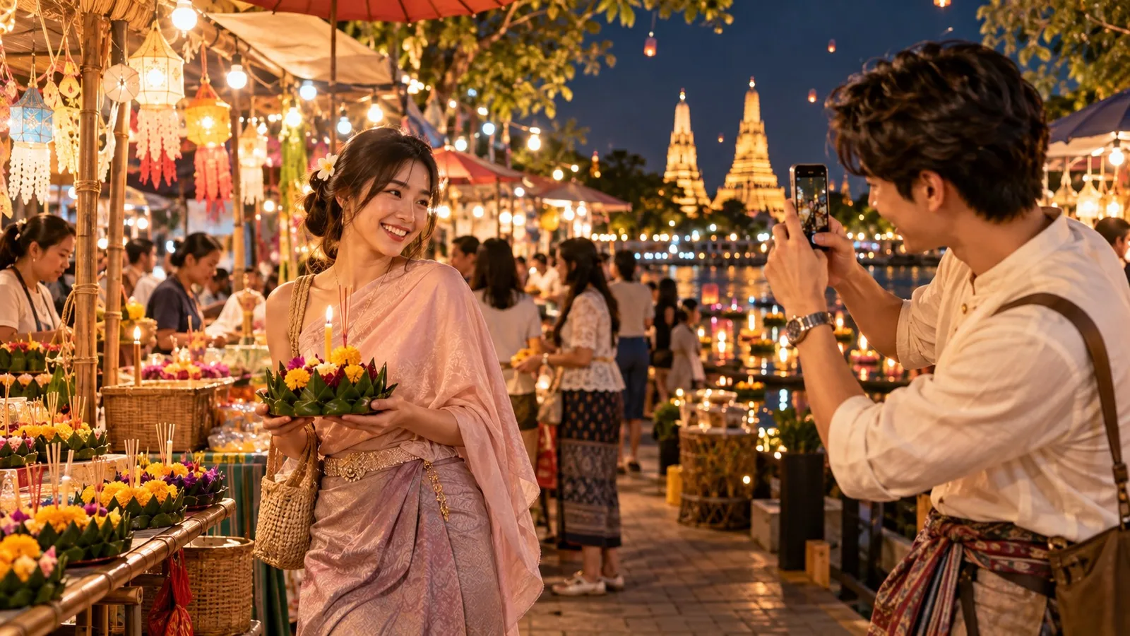 เพื่อนชาวไทยแต่งชุดผ้าไทยประยุกต์ถือกระทงในงานลอยกระทงริมแม่น้ำเจ้าพระยา โดยมีเพื่อนช่วยถ่ายรูปให้