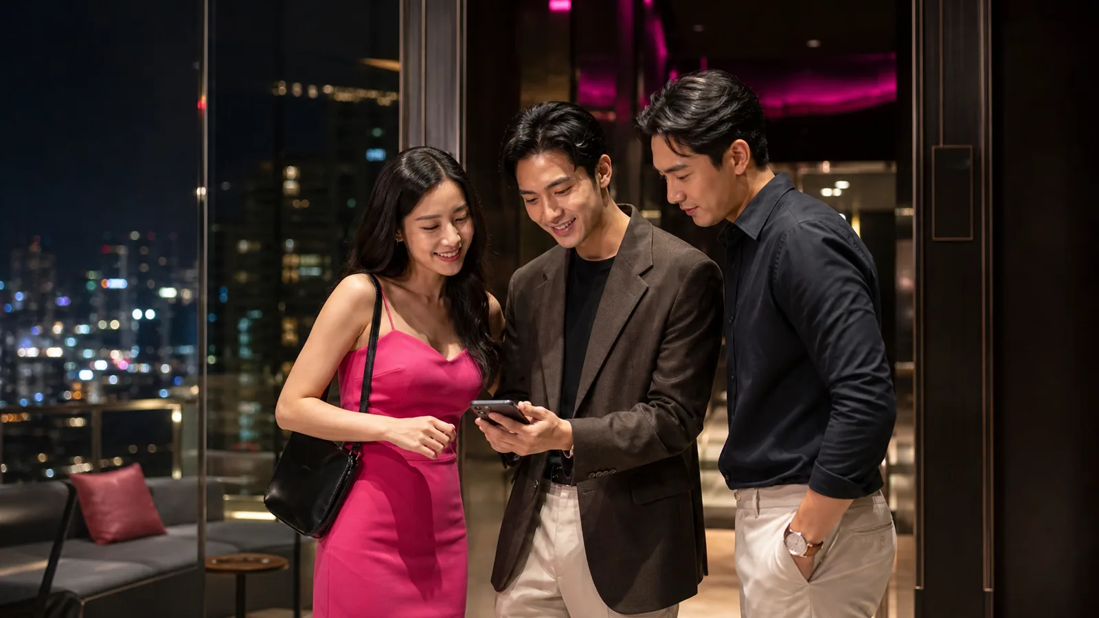 เพื่อนวางแผนไปรูฟท็อปก่อนขึ้นร้านในโรงแรมยามค่ำคืน