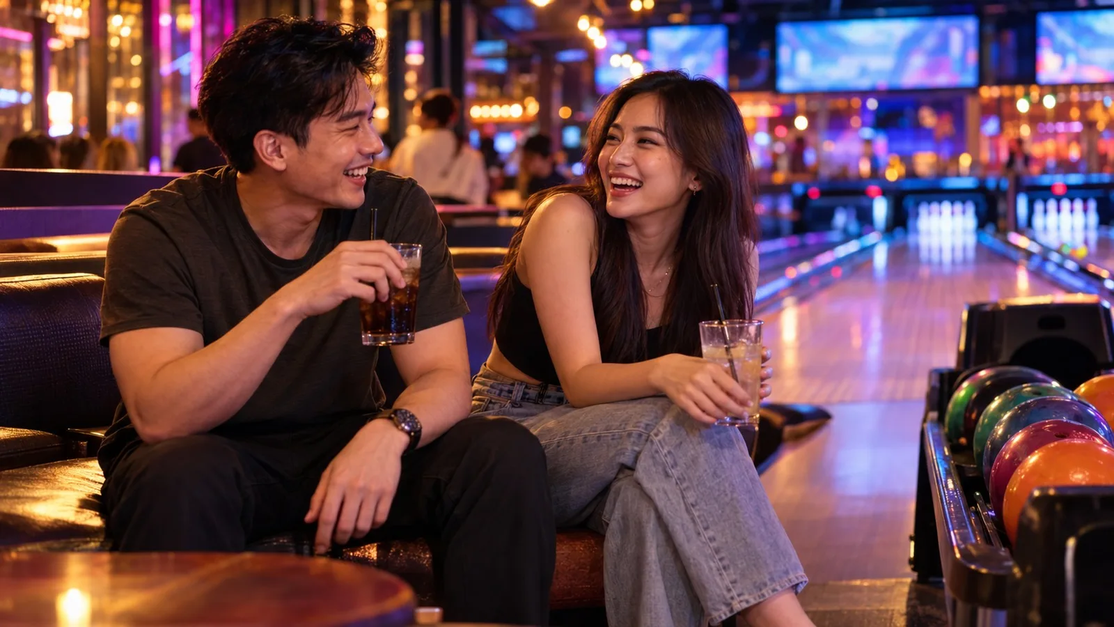 เพื่อนใหม่สองคนนั่งพักคุยกันพร้อมเครื่องดื่มข้างเลนโบว์ลิ่ง