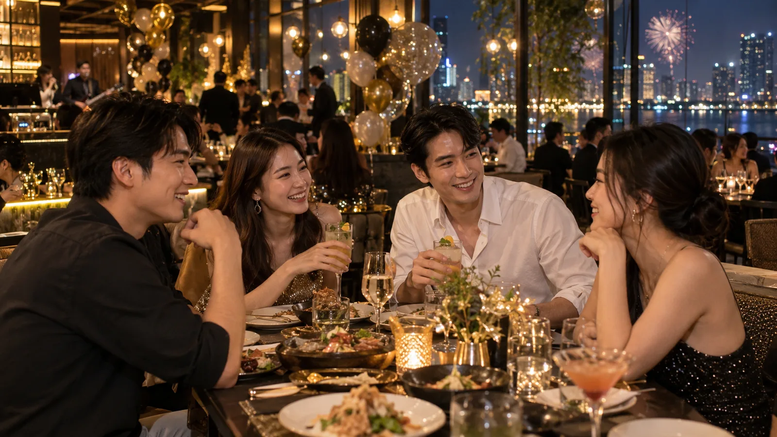 เพื่อนชาวไทยนั่งคุยกันที่โต๊ะอาหารในร้านกรุงเทพฯ คืนส่งท้ายปี