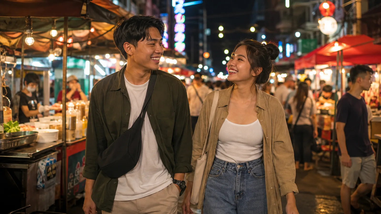 เพื่อนเดินตลาดนัดกลางคืนยิ้มกินของอร่อยด้วยกัน บรรยากาศตลาดนัดไทยยามค่ำคืน