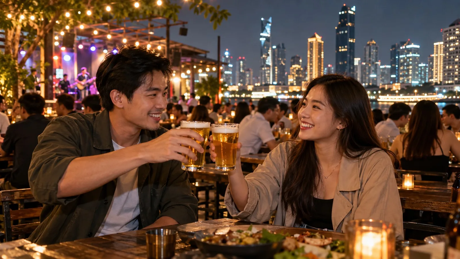 เพื่อนชายหญิงชาวไทยสองคนชนแก้วเบียร์ที่เบียร์การ์เด้นกลางแจ้งในกรุงเทพยามค่ำ มีไฟประดับและตึกสูงเป็นฉากหลัง