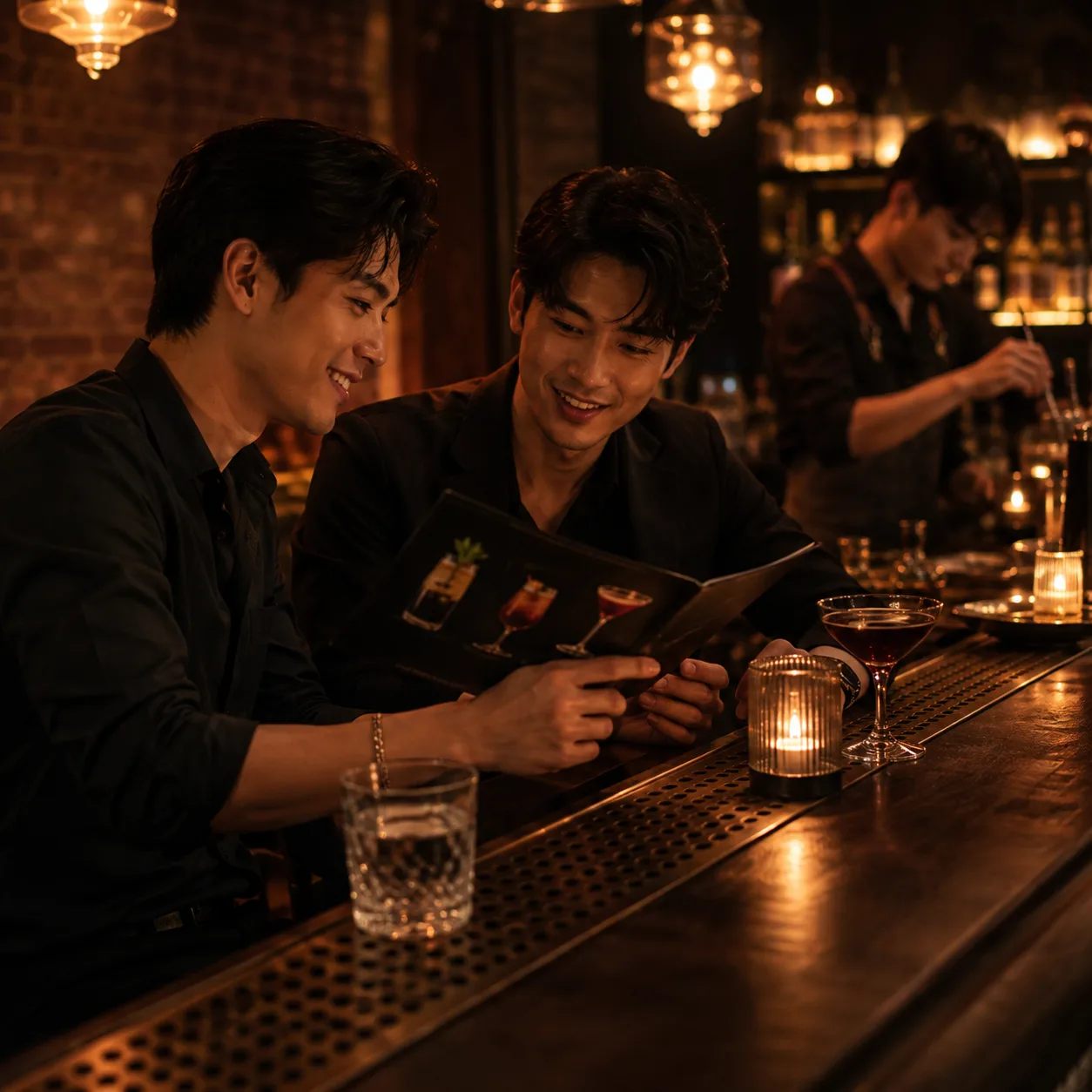 เพื่อนสองคนดูเมนูค็อกเทลที่เคาน์เตอร์บาร์ลับ