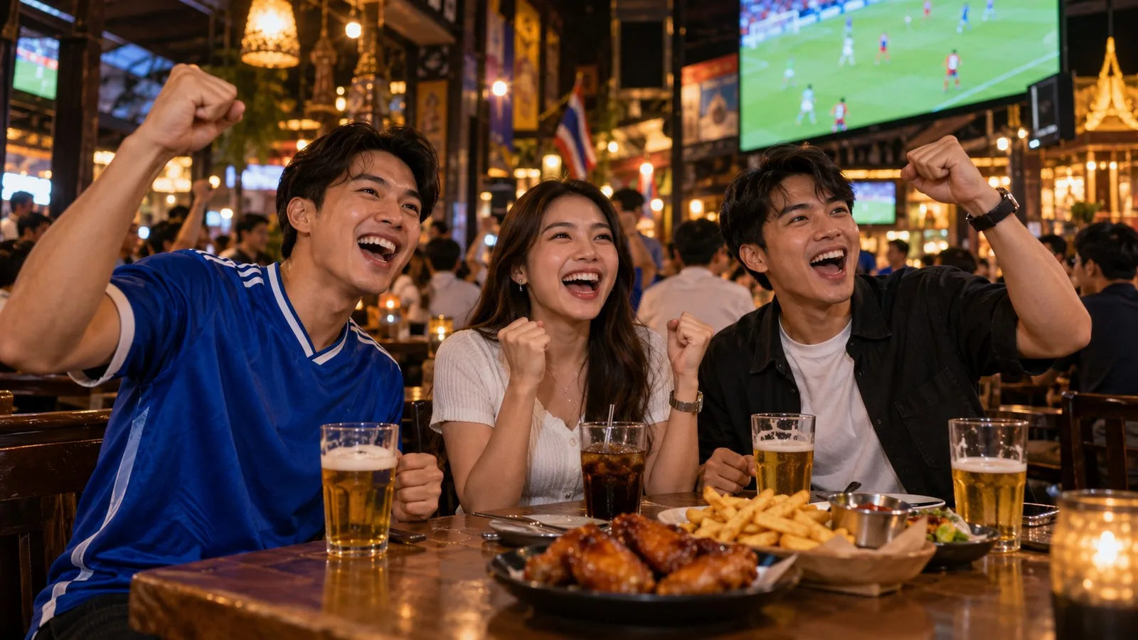 เพื่อนคนไทยนั่งเชียร์ฟุตบอลหน้าจอใหญ่ในสปอร์ตบาร์ที่กรุงเทพฯ