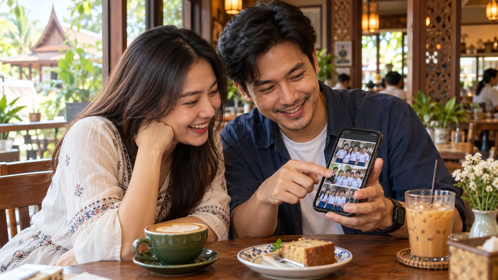 เพื่อนชาวไทยสองคนดูรูปเก่าสมัยเรียนด้วยกันที่ร้านกาแฟก่อนไปงานเลี้ยงรุ่น