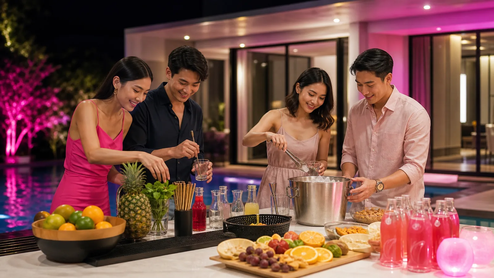 เพื่อนเอ็นเตอร์เทรนช่วยเตรียมมุมเครื่องดื่มในปาร์ตี้พูลวิลล่า