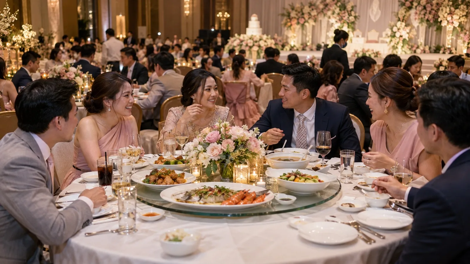 โต๊ะจีนงานแต่งไทยในห้องบอลรูมโรงแรม แขกชาวไทยแต่งชุดออกงานนั่งคุยกันรอบโต๊ะ มีอาหารและดอกไม้กลางโต๊ะ